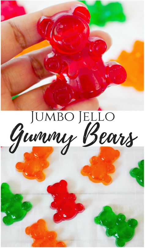 How to make Jumbo Jello Gummy Bears with only 3-ingredients. #gummybears #jello #snacks Jello Gummy Bears, Homemade Gum, Healthy Candy Recipes, Simply Juice, Making Gummy Bears, Homemade Gummy Bears, Homemade Gummies, Cannibis Recipes, Gummies Recipe