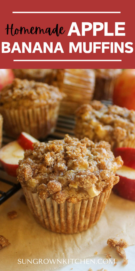 Apple muffins with cinnamon streusel topping. Almond Flour Applesauce Bread, Banana Bread Recipe Healthy Applesauce, Banana Maple Muffins, Apples Going Bad Recipes, Banana And Apple Recipes, Apple Banana Recipes, Breakfast Ideas With Apples, Almond Flour Apple Muffins, Applesauce Banana Muffins