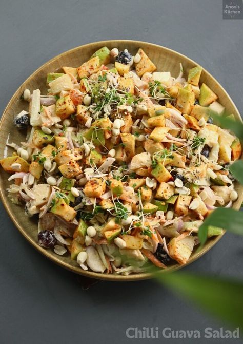 Chilli Guava Salad recipe with Healthy peanut dressing - Guava apple salad with peanuts Indian style salads Jinoo's Kitchen Guava Salad, Guava Benefits, Indian Salads, Peanut Salad, Peanut Dressing, Apple Salad, Chaat Masala, Lunch Salads, Light Lunch