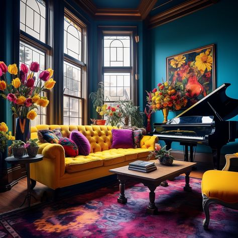 Brightly Colored Living Room, Small Maximalist Living Room, Jewel Tone Interior Design, Jewel Living Room, Bathroom Funky, Jewel Tones Interior Design, Parlor Room Ideas, Bedroom Funky, Funky Gallery Wall