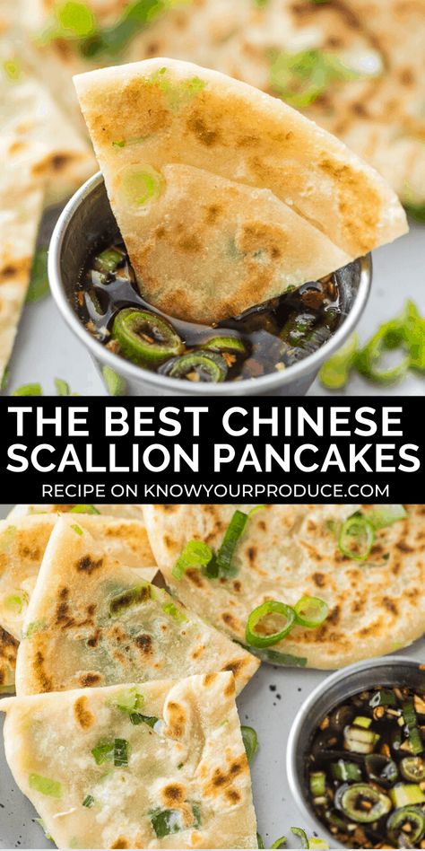 Scallion Pancakes are crispy on the outside, soft and chewy on the inside! They are also known as Cong You Bing and pair perfectly with our Chinese scallion pancake sauce. #scallions #pancakes #chinesefood #vegan #veganrecipes #vegetables #appetizers Scallions Pancakes, Pancake Sauce, Vegetables Appetizers, Chinese Scallion Pancakes, Koreansk Mad, Scallion Pancake Recipe, Scallion Pancakes, Asian Inspired Recipes, Chinese Cooking