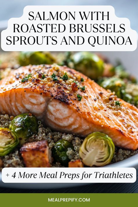 Grilled salmon served with roasted Brussels sprouts and quinoa, featuring high-protein meal prep ideas for triathletes. Teriyaki Salmon And Brussel Sprouts, Salmon And Brussel Sprouts, Meal Prep For Beginners, Sprouts Recipe, Best Meal Prep, Sweet Potato Curry, Meal Prep Ideas, Roasted Brussels Sprouts, Potato Curry