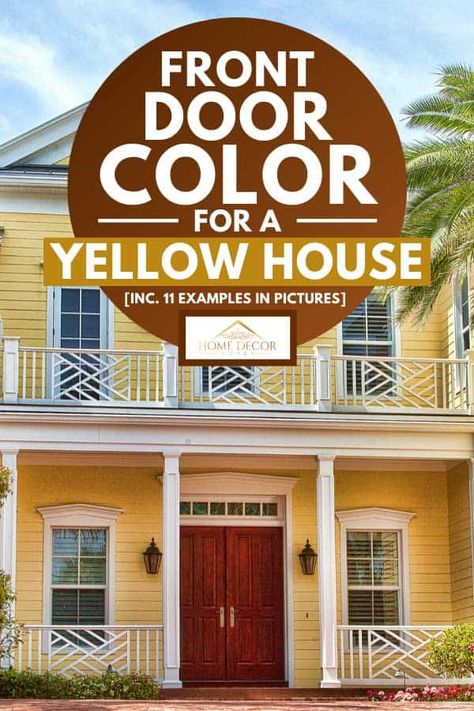 Front Door Color For A Yellow House [Inc. 11 Examples in Pictures] - Home Decor Bliss Yellow House Wood Door, Yellow House Front Porch, Door Colors For Yellow Siding, Yellow Cape Cod House Exterior, Front Door Yellow Brick House, Front Door Color For Yellow House, Front Door Color Yellow House, Door Colors For A Yellow House, Dark Yellow House Exterior