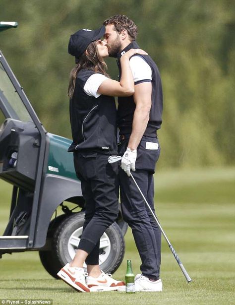 Loved up: Jamie Dornan, 36, looks utterly smitten with wife Amelia Warner as the pair enjo... Golf Charity Event, Amelia Warner Jamie Dornan, Jamie Dornan And Wife, Sarah Rafferty, Amelia Warner, Christian Grey Jamie Dornan, Jaime Dornan, Fifty Shades Movie, Mike Tindall