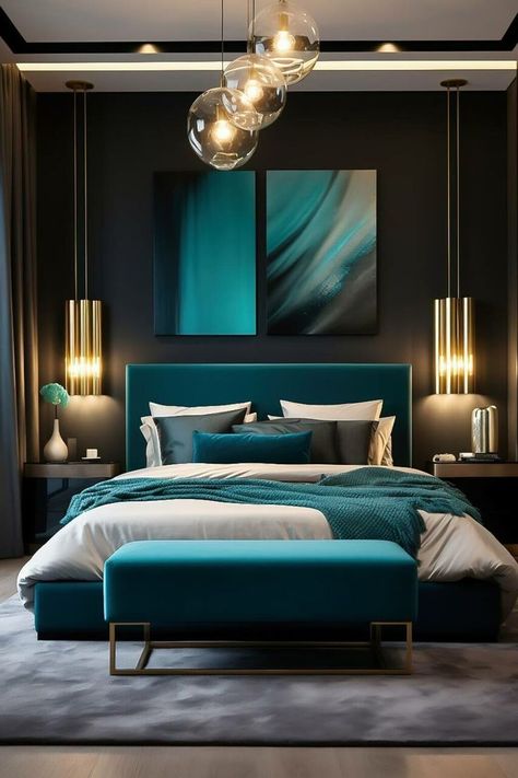 Teal And Gold Bedroom, Black Modern Bedroom, Luxurious Modern Bedrooms, Dark Teal Bedroom, Bedroom Teal, Teal Rooms, Teal Bedroom, Gold Living Room, Gold Bedroom