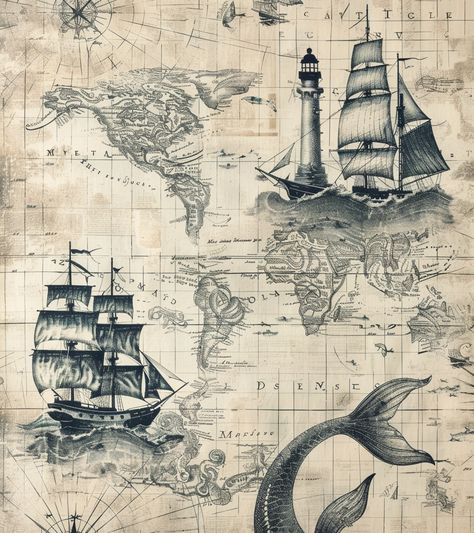 Nautical Map Art, Victorian Nautical Aesthetic, Vintage Nautical Aesthetic, World Map Drawing, Maritime Aesthetic, Vintage Nautical Map, Nautical Drawing, Maps Illustration Design, Nautical Illustration