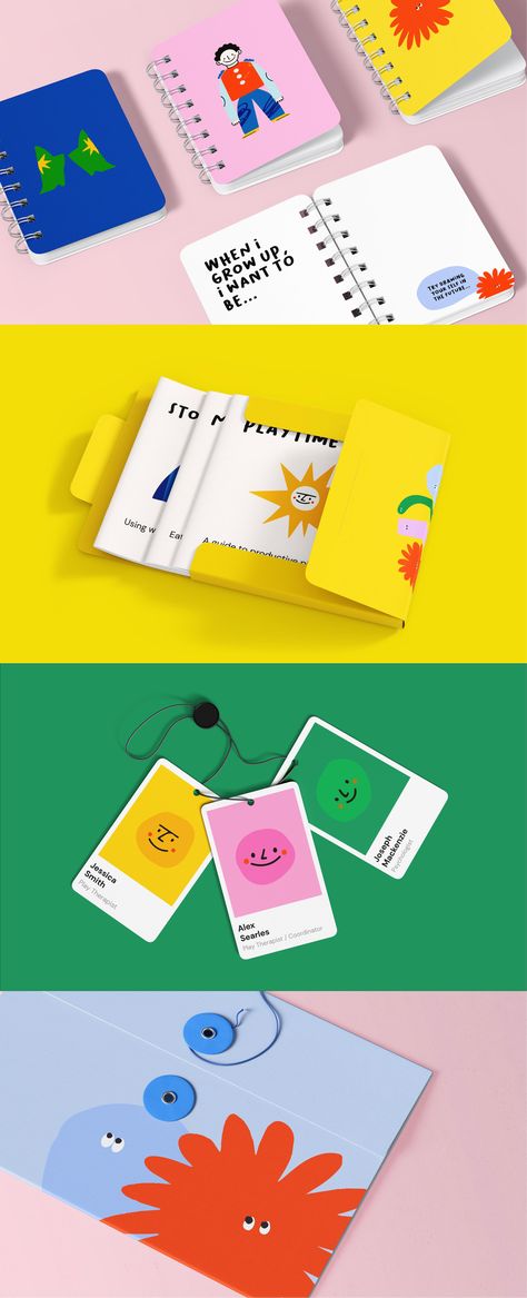 Fun, bright, bold branding and stationary for a children's play therapy clinic using playful typography and bright colors to create a welcoming and inviting brand for children. Logo, branding, stationary, bold, bright, design, therapy, children, playful, colorful, colourful, contemporary, shapes Bold And Fun Branding, Bold Website Design Inspiration, Fun Playful Branding, Bold Colorful Branding, Playful Brand Identity, Kids Brand Identity, Therapy Branding Design, Playful Branding Design, School Branding Design