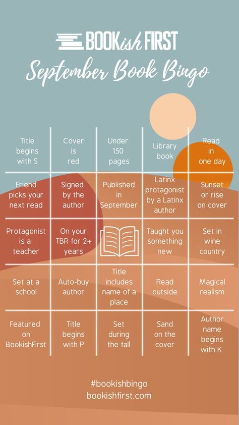 A bingo board with a blue and orange background that looks like the sand dunes. The prompts are all bookish and related to reading challenges. Bookish Bingo, School Library Book Displays, September Reading, Book Bingo, Reading Bingo, Book Review Journal, Ya Fantasy Books, Tbr Pile, Book Reading Journal