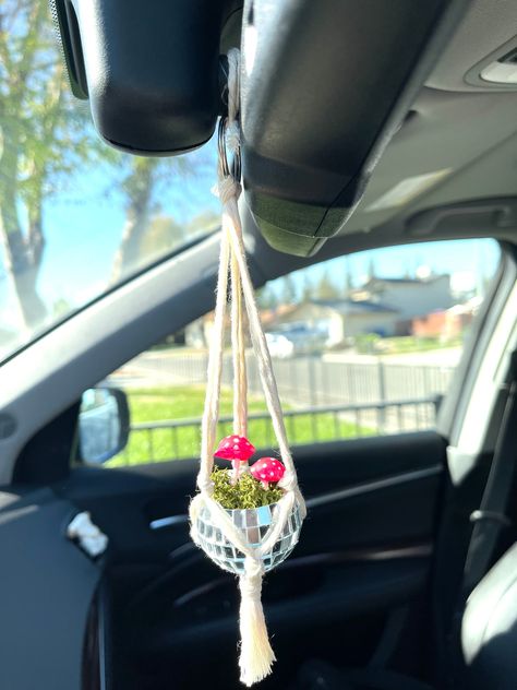 Disco Mushroom, Mini Macrame Plant Hanger, Diffuser Diy, Car Mirror Hangers, Toy Hammock, Mini Mushroom, Plastic Planter, Crochet Car, Car Hangers