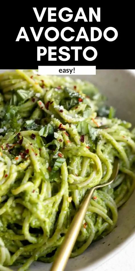 This avocado pesto pasta is rich, creamy and completely vegan! This healthy pesto pasta is ready in 20 minutes for a family favorite vegan dinner. Healthy Pesto Pasta, Quick Vegetarian Dinner, Avocado Pesto Pasta, Healthy Pesto, Dairy Free Pasta, Plant Based Recipes Dinner, Avocado Pasta, Avocado Pesto, Roasted Butternut Squash Soup