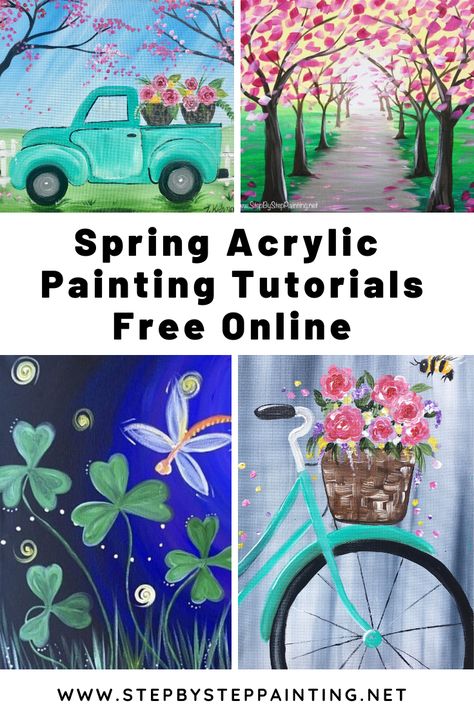 Learn to paint spring theme acrylic paintings on canvas! These acrylic painting tutorials are all free and online. Be guided through each step and render a painting you will be proud of. Spring time is a beautiful subject to paint full of pastel palettes, flowers & cheerful green scenery! #traciekiernan #stepbysteppainting #spingpaintings Diy Spring Painting Canvas, How To Paint A Fence On Canvas, Canvas Painting Ideas Spring, Spring Time Paintings, May Painting Ideas, Easy Spring Canvas Painting, Free Acrylic Painting Tutorials, Spring Paint Party Ideas, Free Acrylic Painting Tutorials Step By Step