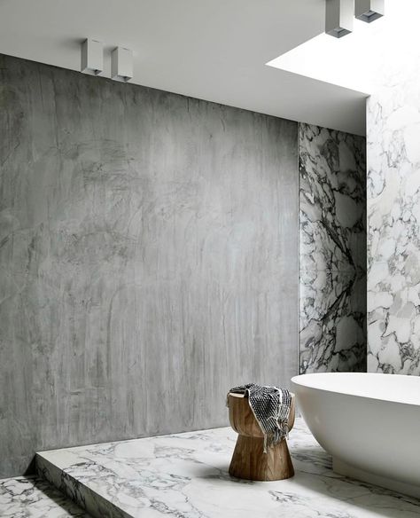 Concrete And Marble Bathroom, Cement Washroom, Concrete Washroom, Bathtub Concrete, Concrete And Marble, Melanie Morris, Dark Emperador Marble Bathroom, Marble Bathroom Designs, Concrete Bathroom