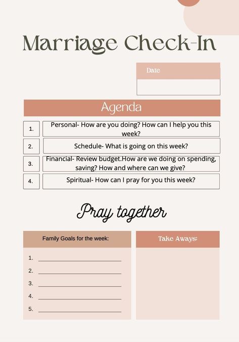 Marriage Weekly Check-In (Meeting) Sheet Marriage Weekly Check In, Weekly Marriage Check In, Marriage Meeting Agenda, Weekly Check In Marriage, Marriage Journal, Husband Prayer, Marriage Meeting, Family Meetings, Prayer For My Marriage