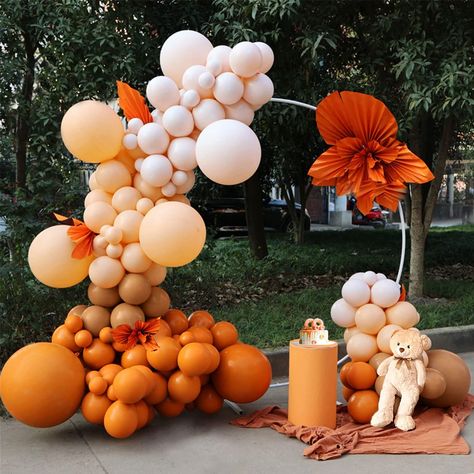 Red And Orange Birthday Decor, Fall Color Party Decorations, Terracotta Party Decor, Orange Balloon Arch, Autumn Party Decorations, Orange Balloon Garland, Boho Themed Party, Wedding Anniversary Party Decorations, Orange Birthday