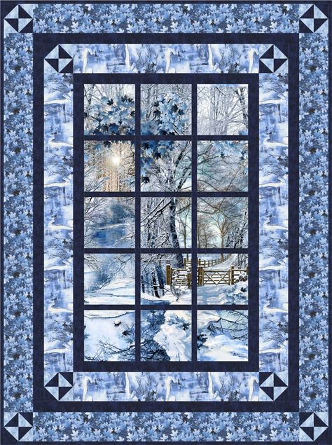 Alpine Retreat-Jude Throw Quilt Size, Attic Window Quilts, Panel Quilt Patterns, Fabric Panel Quilts, Attic Window, Blue Quilt, Baby Quilt Pattern, Easy Quilt, Landscape Quilts