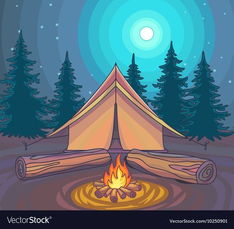 Camping Scene Drawing, Camping Vector Illustration, Tent Camping Drawing, Camping Drawing Illustrations, Camping Illustration Art, Camping Mural, Tent Ideas Camping, Anime Camping, Camping Drawings