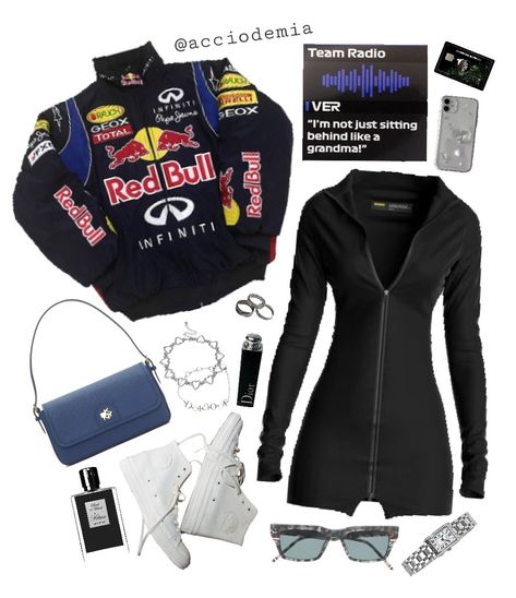 Racing Clothes For Women, Race Clothes For Women, Formula 1 Fashion Women, F1 Wife Outfits, Street Racing Outfit For Women, Racing Clothes Aesthetic, Racer Inspired Outfits, Red Bull Halloween Costume, Race Car Theme Outfit Women