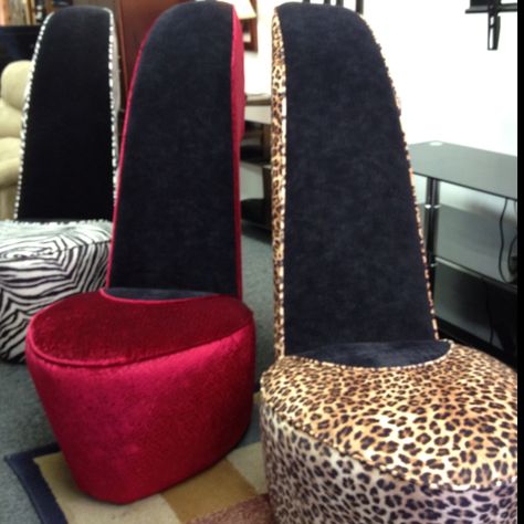 High heel chair... NEED Heel Chair, High Heel Chair, High Heel Shoe Chair, Leopard Chair, Shoe Chair, Y2k Room, Bling Heels, Diy Room Decor For Teens, Cute Furniture