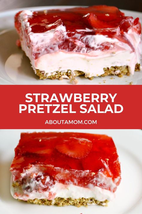 Strawberry Pretzel Salad is a classic sweet and scrumptious dessert. Creamy filling on a buttery, crunchy pretzel crust is the perfect base and topped with fresh strawberries and jello. Jello Pretzel Salad Strawberry, Peach Pretzel Salad, Pretzel Strawberry Jello Dessert, Strawberry Jello Pretzel Dessert, Pretzel Jello Dessert, Strawberry Jello Dessert, Strawberry Pretzel Jello, Spring Dessert Ideas, Pretzel Jello