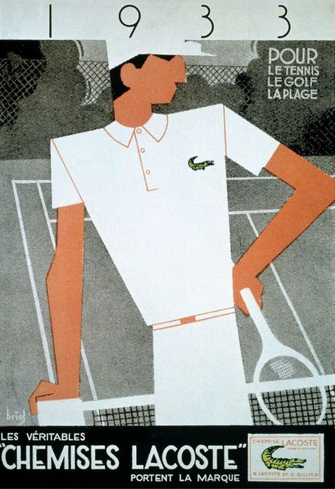 Rocking the “Croc”: This chic 1933 advertising poster for the Lacoste shirt emphasizes its suitability not only for tennis but also for golf and beach. The “croc” logo was an immediate success in France, but not until after World War II did it make its way to the United States, where it quickly gained status among the Ivy League and country-club sets. Clearly, the style was in the crocodile. Rowing Illustration, Pesky Blinders, Tennis Posters, Tennis Art, Tennis Aesthetic, René Lacoste, Life Imitates Art, Surreal Collage, Creative Box