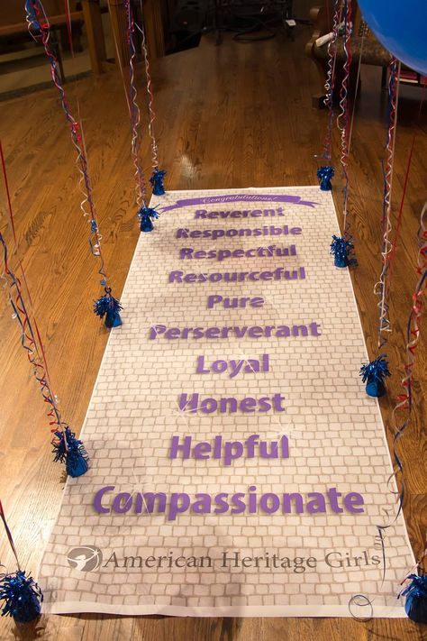 AHG Ceremonies: Cross over Bridge idea. Have a banner printed like a brick road with the Creed attributes on it. Ahg Awards Ceremony Cute Ideas, Ahg Explorers, Ahg Crafts, Ahg Pathfinders, American Heritage Girls Ahg, Ahg Swaps, Ahg Badge, Bridging Ceremony, Girl Scout Bridging