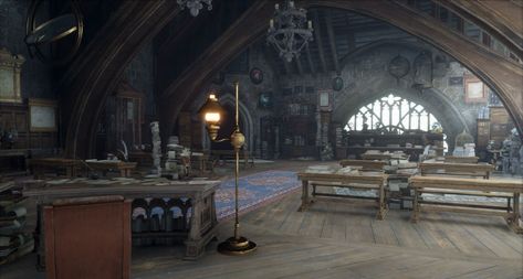 Magical Boarding School, Hogwarts Legacy Potions Classroom, History Of Magic Aesthetic, Muggle Studies Classroom, Magical Academy Aesthetic, School Of Magic Aesthetic, History Of Magic Classroom, Hogwarts Curriculum, History Class Aesthetic