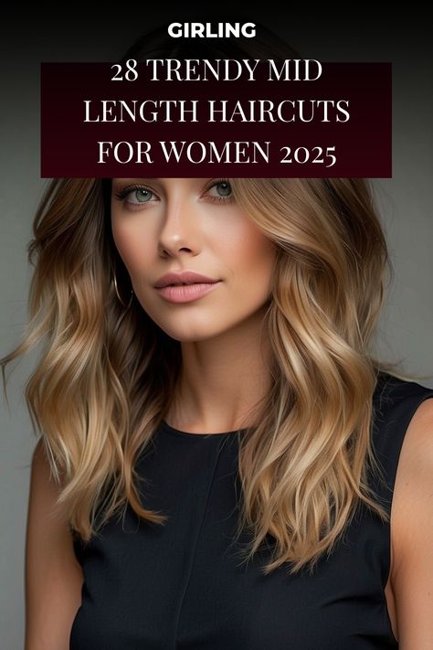 Trendy mid-length haircut on a woman with wavy blonde hair, promoting 2025 styles. Below Collarbone Length Hair, Womens Mid Length Hairstyles, 2025 Mid Length Hair, Mid Length Hair 2025, Hairstyles For Armpit Length Hair, Hair For 30 Year Old Women, Womens Shoulder Length Hair, Mid Hair Layers, Mid 30s Hair Haircuts Women