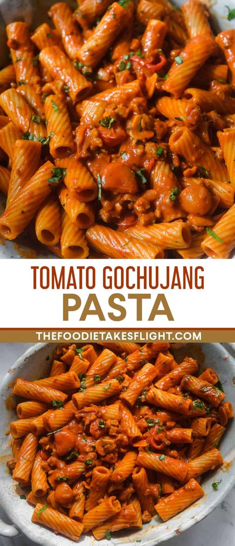 Tomato Gochujang Pasta (Vegan) Gochu Jang Recipes, Gochujang Cabbage, Dinner Ideas For One Person, Korean Pasta, Gochujang Recipe Dishes, Asian Pasta Recipes, Gochujang Recipe Vegetarian, Gochujang Pasta, Gochujang Pasta Sauce