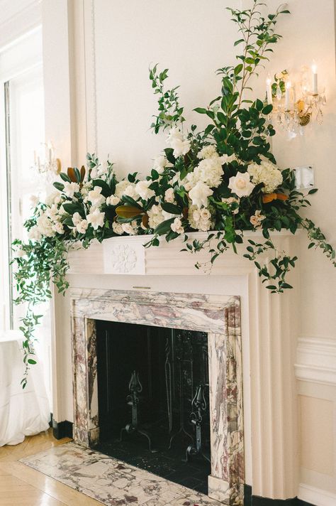 Mantel Floral Arrangements, Wedding Mantle, Wedding Fireplace, Meridian House, Indoor Wedding Receptions, Mantel Design, Sparkling Cider, Winter Wedding Flowers, South Carolina Wedding