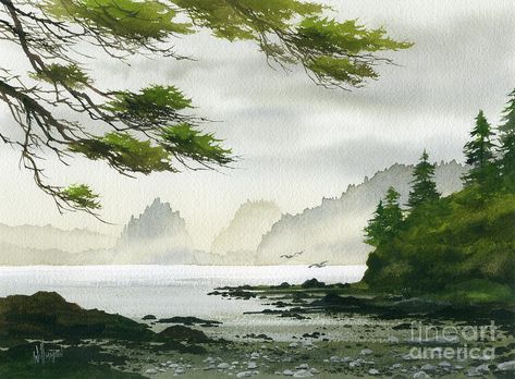 Watercolor Landscape Tutorial, West Coast Canada, Contemporary Impressionism, Northwest Coast, Watercolor Trees, Coastal Landscape, Coastal Art, Beach Art, Watercolor Landscape