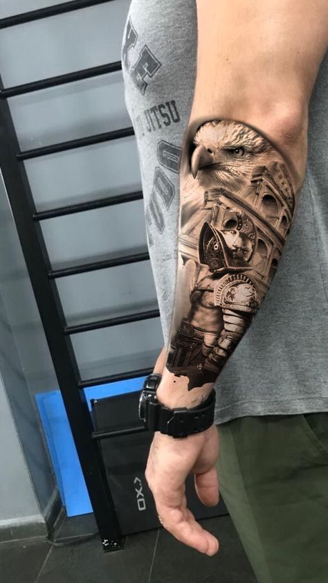 Gladiator Armor, Graphic Design Tattoos, Gladiator Tattoo, Animal Sleeve Tattoo, Spartan Tattoo, Bike Sketch, Greek Tattoos, Boot Camp Workout, Forearm Tattoo Men