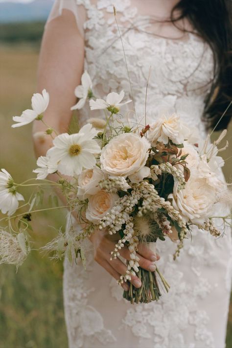 A bouquet of garden roses, pieris, clematis seed pods and white cosmos for Brit Adirondacks Wedding, Mira Zwillinger, Aspen Wedding, Private Estate Wedding, Lodge Wedding, Meadow Flowers, Bridal Beauty, Dreamy Wedding, Bride Bouquets