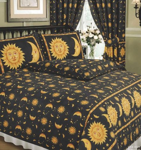 Single Bed Sun And Moon Black, Superior Quality 68 Pick Duvet / Quilt Cover Set, BY HICO, Sun Crescent Moon Stars Space, Black Speckle Yellow Gold Gold Duvet, Black Duvet, Gold Bed, Black Duvet Cover, Yellow Bedding, Moon Black, Bed Sets, Duvet Bedding, Sun And Moon