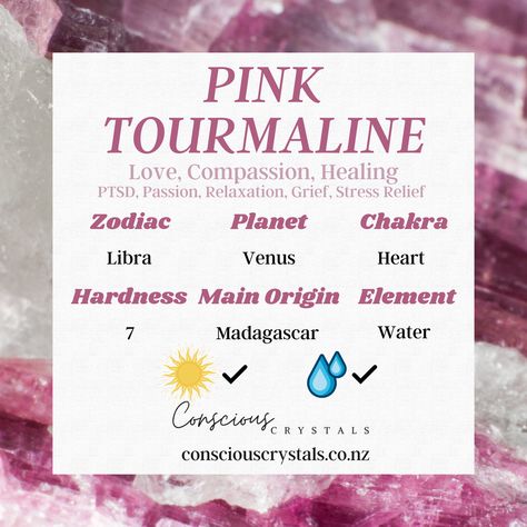 Pink Tourmaline Meaning, Crystal Infographic, Crystal Reference, Crystal Grimoire, Tourmaline Meaning, Guide Infographic, Zodiac Planets, Pink Tourmaline Crystal, Natural Philosophy