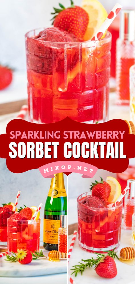 An irresistible Valentine's Day drink! It's a Valentine's Day cocktail recipe featuring strawberry sherbet. Combined with champagne, this Sparkling Strawberry Sorbet Cocktail is cold, refreshing, and beautiful to look at! Feel free to use different fruits! Sorbet Cocktail, Sorbet Float, Spring Drink Recipes, Strawberry Sherbet, Fruity Cocktail Recipes, Easy Party Drinks, Fruity Mixed Drinks, Holiday Drinks Alcohol, Fun Party Drinks