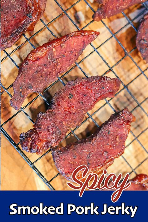 Beef Jerky Recipe Smoked Traeger, Air Fryer Pork Jerky, Jerkey Recipes Dehydrator Pork, Pork Belly Jerky, Pork Jerky Recipe Smokers, Pork Jerky Recipe Dehydrator, Pork Loin Jerky Recipe, Pork Jerky Recipe, Smoked Jerky Recipes