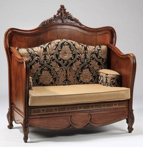 What MORON would take apart and RUIN an antique French bed to make it into a bench?! The absolute IDIOCY of some of these "crafty" furniture redo types never ceases to amaze and infuriate me! Please, DO NOT do this—or paint!—beautiful antiques, or fine reproductions! | 19th century French Rococo carved walnut hall bench, with an attached custom-made button tufted tapestry backrest with arm supports, and a snakeskin embossed faux leather seat cushion. 60" H x 56.5" W x 30" D. Tufted Tapestry, Antique Couch, Wooden Couch, Headboard Benches, Painting Wooden Furniture, Hall Bench, White Furniture Living Room, French Rococo, Victorian Furniture