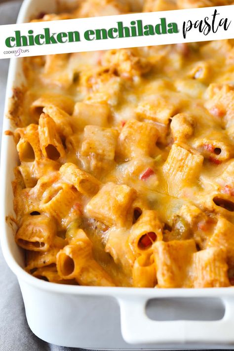 Cheesy Chicken Enchilada Pasta is an easy pasta recipe that is inspired by the Tex Mex flavors of Chicken Enchiladas. Chicken Enchiladas Pasta, Chicken Enchilada Mac And Cheese, Enchilada Casserole With Noodles, Chicken Enchilada Pasta Bake, Chicken Enchilada Pasta Salad, Tex Mex Chicken Pasta, Mexican Chicken Pasta Casserole, Chicken Enchilada Pasta Crockpot, Tex Mex Chicken Casserole