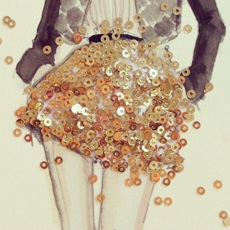 Creative ideas for fashion design sketchbook work - gold sequins & watercolour illustration Textiles Sketchbook, Sketchbook Cover, Paper Fashion, Fashion Design Sketchbook, Fashion Sketchbook, Fashion Portfolio, Illustration Fashion Design, Sketchbook Inspiration, Fashion Design Sketches