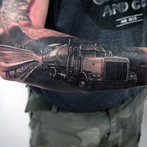 Realistic Truck On The Road Male Outer Forearm Tattoos Trucker Tattoo, Truck Tattoo, Tattoo For Son, Car Tattoos, Dad Tattoos, Best Sleeve Tattoos, 1 Tattoo, A Truck, Symbolic Tattoos