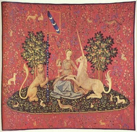 Maiden with Unicorn, tapestry, 15th century (Musée de Cluny, Paris) The Lady And The Unicorn, Lady And The Unicorn, Unicorn Tapestry, Unicorn Tapestries, Unicorn Cross Stitch Pattern, Medieval Tapestry, Earth Design, Medieval Period, The Unicorn