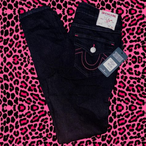 ❦ True Religion black jeans with pink stitching  ❦... - Depop Jeans Outfit Baddie, Red True Religion Jeans, True Religion Jeans Outfit, Jeans Outfit, True Religion Jeans, True Religion, Jean Outfits, Black Jeans, Mid Rise