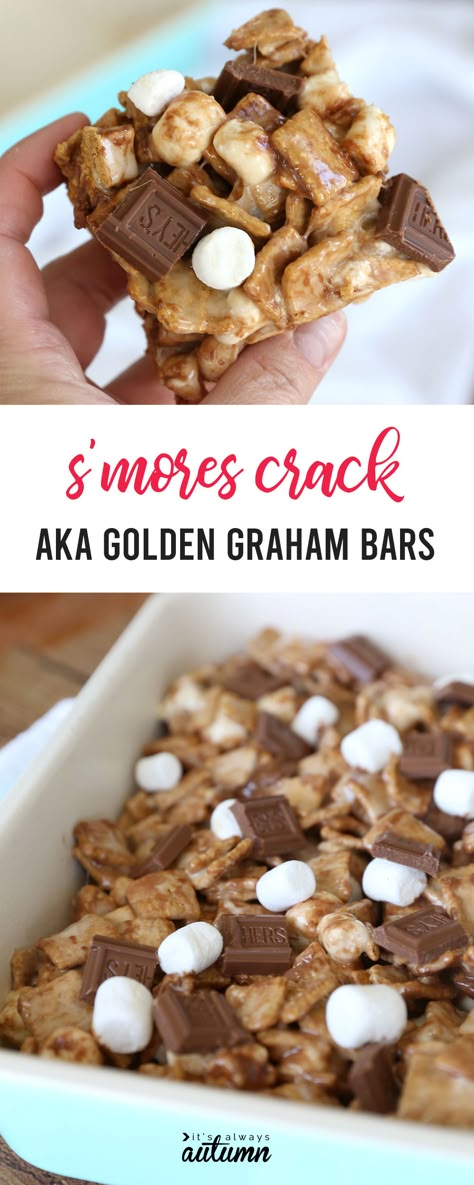 Golden Graham Bars (aka S'mores Crack) - It's Always Autumn Smores Bars With Golden Grahams, Golden Grahams Treats, Golden Graham Bars, Golden Graham Treats, Graham Bars, Golden Graham Smores, Golden Grahams Smores Bars, Smores Bar Recipe, Smores Bars