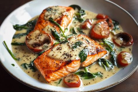 Pan-Seared Salmon Florentine is a delightful combination of tender salmon and creamy spinach in a luxurious sauce. Salmon Trimmings Recipe, Sage Salmon Recipe, Salmon Main Course, Creamy Salmon Recipes, Oven Salmon Recipes, Elegant Dinner Recipes, Shrimp Florentine, Christmas Salmon, Salmon Recipe Ideas