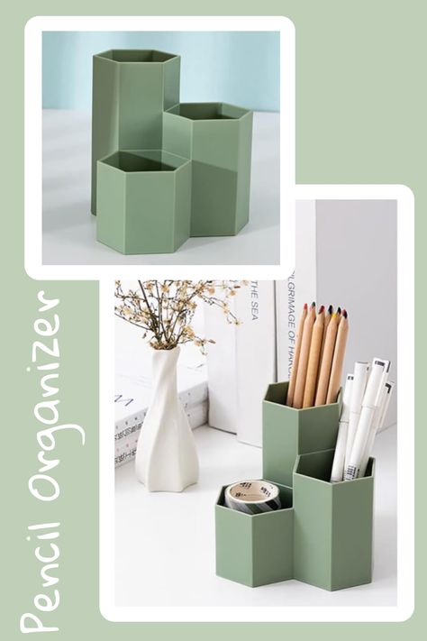 Desk Organization Green, Aesthetic Pen Holder, Work Desk Organization, Cute Desk Organization, Desk Pen Holder, Pencil Holders For Desk, Setup Pc, Diy Pencil Holder, Organization Aesthetic