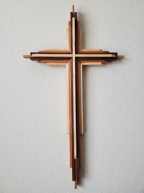 Three layered cross with black walnut, hard maple, and your choice of accent wood. Wood Cross Wall Art, Tree Wood Cross, Wood Wall Cross Art, Wooden Crosses Diy, Wooden Crafts Build-a-cross, Crosses Diy, Wood Crosses Diy, Wooden Crosses Build-a-cross, Layered Crosses