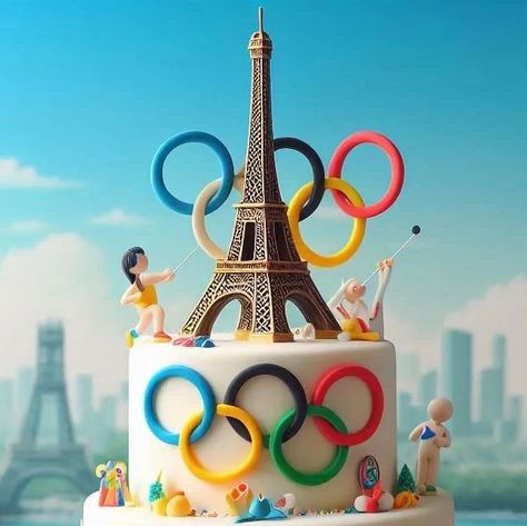 Olympic Cake Ideas, Olympic Cake, Olympic Desserts, Olympic Party Decorations, Running Cake, Paris Cakes, Olympic Theme, Olympic Party, Instagram Paris