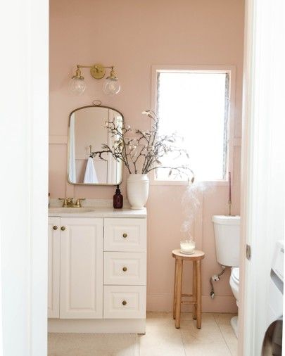 Updated Marie’s bathroom with brass accents and a soft pink paint color 😍 #LTKhome #LTKunder100 #LTKunder50 Soft Pink Paint Color, Bathroom With Brass Accents, Feminine Bathroom Ideas, Bathroom Feminine, Soft Pink Paint, Pink Bathroom Paint, Blush Bathroom, Eclectic Interior Design Vintage, Pink Tile Bathroom