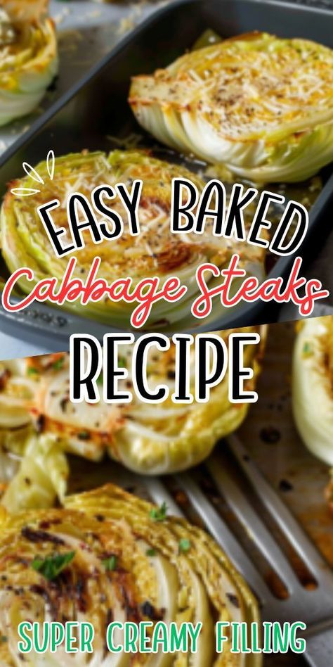 Easy Baked Cabbage Steaks! These delectable cabbage slices are seasoned to perfection, then roasted to tender perfection in the oven. Whether you're looking for a flavorful side dish or a satisfying vegetarian main course, these cabbage steaks are sure to delight your taste buds and Baked Cabbage Recipes, Baked Cabbage Steaks, Cabbage Steaks Recipe, Roasted Cabbage Steaks, Baked Cabbage, Steamed Cabbage, Cabbage Steaks, Clean Eating Salads, Vegetarian Main Course