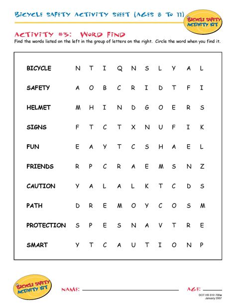 Bike Safety Activity Sheet (Ages 8 to 11): Word Find Bike Safety Activities, Therapist Aid Worksheets, Personal Hygiene Worksheets, Bike Rodeo, Safety Worksheets, Coordinates Math, Human Body Vocabulary, Hygiene Lessons, Safety Activities